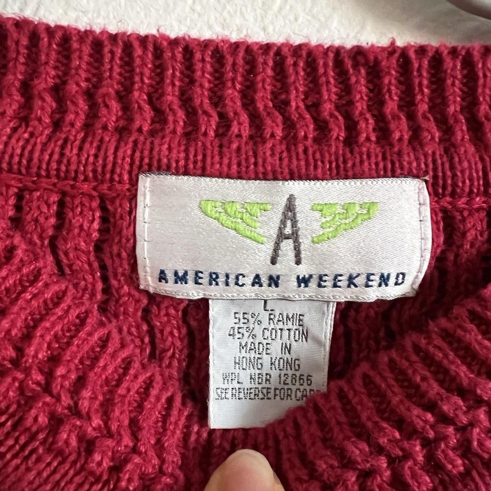 Vintage 90s Red Cotton Fisherman Knit Sweater Traditional Coastal Large - Picture 7 of 11